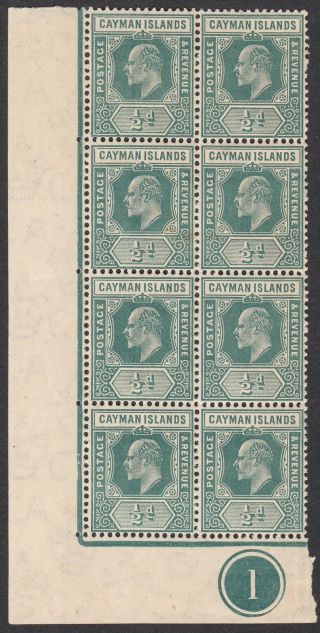Cayman Islands 1907 Kevii ½d Green Plate 1 Block Of 8 Sg25 Toned