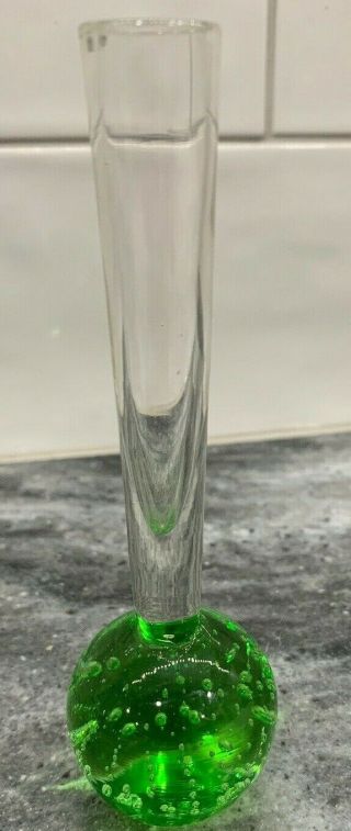 Controlled Bubble Green Glass Bud Vase Paperweight 5”