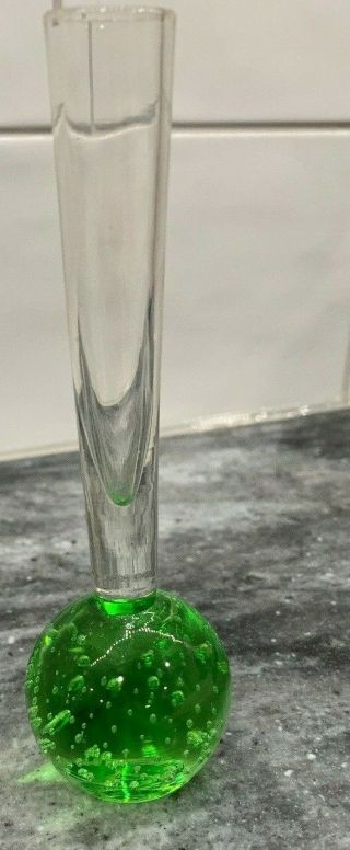 Controlled Bubble Green Glass Bud Vase Paperweight 5” 2
