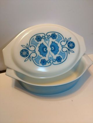 Vintage Pyrex Blue Horizon Oval Covered Casserole Dish W/ Lid Teal 2 1/2 Qt 045