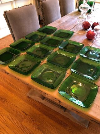 Vtg Anchor Hocking Charm Forest Green 8 1/2” Sq Luncheon Plates Mcm,  14