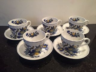 Set Of 5 Spode Blue Bird Cups & Saucers