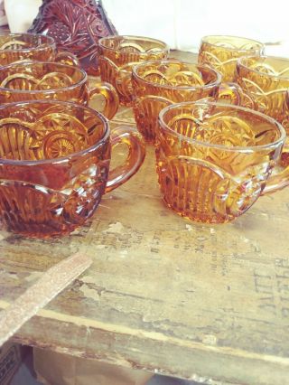 Vtg Indiana Carnival Glass Punch Bowl Cups 12.  Princess Amber Gold
