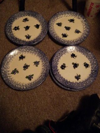 8 Rare Blueberry Hand Crafted Spongeware Dessert Luncheon Plates Made In Maine