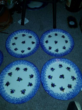 4 RARE BLUEBERRY HAND CRAFTED SPONGEWARE DINNER PLATES MADE IN MAINE 9 3/4in 2
