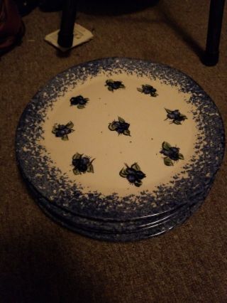 4 RARE BLUEBERRY HAND CRAFTED SPONGEWARE DINNER PLATES MADE IN MAINE 9 3/4in 3