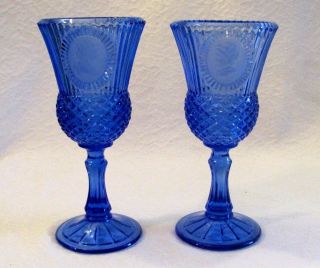 Avon By Fostoria Glass 8 " Cobalt Blue George & Martha Washington Goblet Set 1976