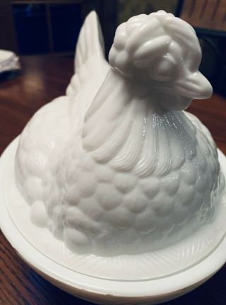 Vintage Chicken Hen On Nest Basket Milk Glass White Lidded Candy Dish
