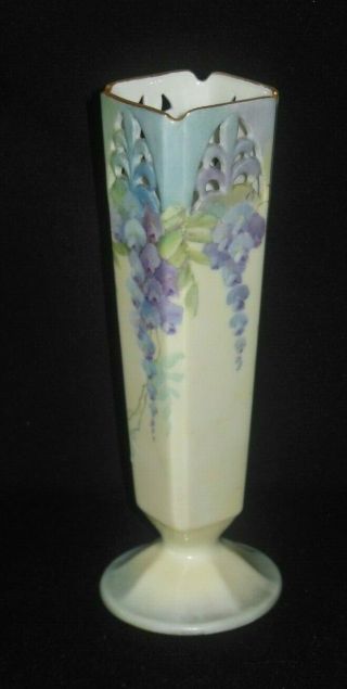 R S Germany Hand Painted Lavender Hanging Flowers Tall Bud Vase 1920