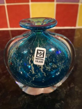 Mdina Maltese Blue Glass Ornament Signed On Base With Sticker