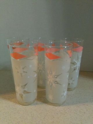 Vintage Snowflake W / Pink Accents Frosted Glass Drink Tumblers 6.  5 " T Set Of 5