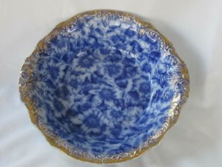 Antique Warwick China Flow Blue Wild Rose Serving Bowl Gilt Scalloped Edge 1890s