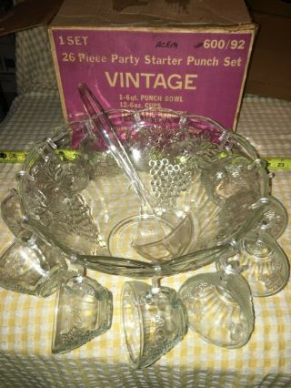 Vintage 26 Piece Anchor Hocking Glass Punch Bowl Set Grapevine 600/92 Complete