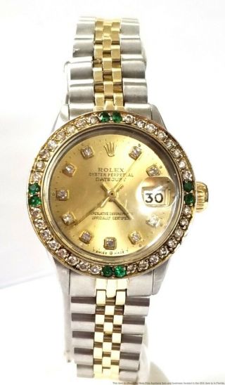 Vintage Rolex Datejust Gold Steel Diamond Emerald Bezel Watch 6917
