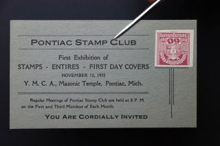 Pontiac Mi Stamp Club Invitation Ad Masonic Temple 1932 Exhibition Philatelic