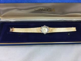 Fine Ladies Omega 14k Gold Watch,  With Diamonds And 14k Strap Boxes