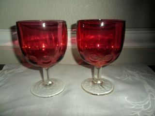 2 Bartlett Collins Cranberry Red Flash Goblets / Glasses Coin Dot Design 1960 