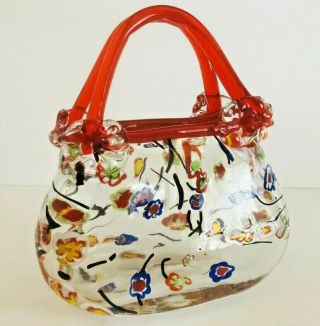 Vintage Murano Hand Blown Art Glass Purse/handbag Vase With Flowers