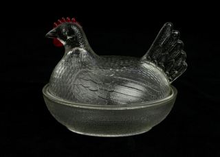 Vintage Indiana Glass Clear Hen On Nest Red Painted Comb & Wattle 5 1/2 "