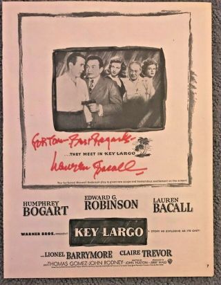 Lauren Bacall Signed Autographed Photo.  Humphrey Bogart.  Key Largo.  1948 Orig Ad