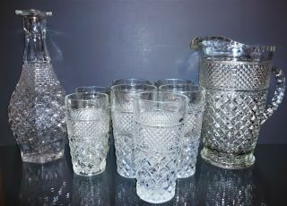 9 Pc Vtg Anchor Hocking Wexford Crystal Glass Pitcher Decanter Iced Tea Glasses