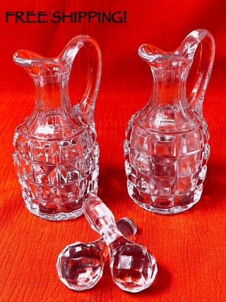 Vintage Crystal Oil Or Vinegar Cruet Cut Glass Bottle & Stopper Diamond Pattern