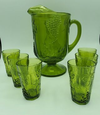 Indiana Glass Iridescent Green Carnival Grape Pitcher - Six Glasses