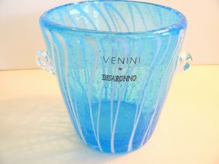 Signed Venini Ice Blue Color Ice Bucket With White Vertical Stripes