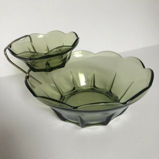 Vintage Anchor Hocking 3 Pc.  Avocado Green Glass Chip And Dip Set Midcentury