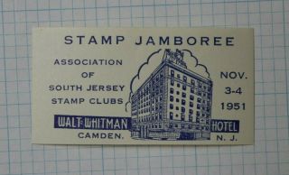 Stamp Jamboree S Jersey Stamp Club Camden Nj 1951 Souvenir Label Ad
