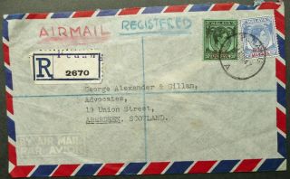 Bma Malaya 14 Aug 1947 Registered Airmail Cover From Penang To Scotland - See