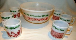 Vintage Hazel Atlas Egg Nog Punch Bowl 6 Mugs Tom And Jerry Auld Lang Syne W/box