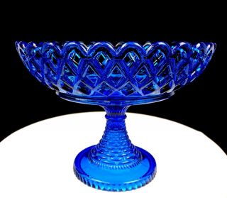 Eapg Challinor & Taylor Glass Cobalt Blue Basket Weave & Lattice 9 " Compote 1885