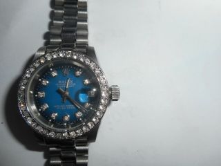 Rolex Oyster Perpetual Datejust Ladies Watch Diamond Bezel Blue Diamond Face Sta