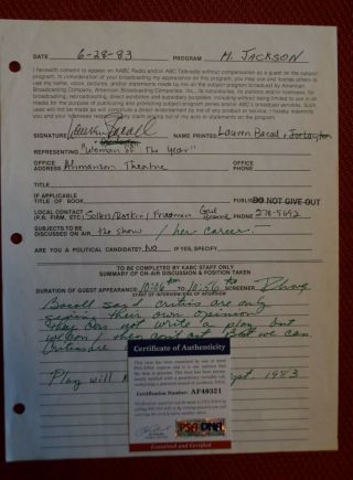 Lauren Bacall Signed Autographed Kabc Radio Show Contract Psa/dna Auto