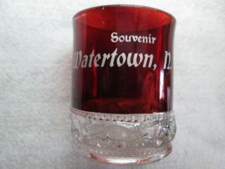 Antique Ruby Red Flash Glass Cup With Handle Souvenir Of Watertown,  York