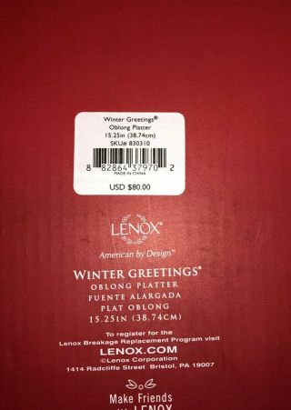 Lenox WINTER GREETINGS Oblong Platter 15.  25” 830310.  Red Cardinals/Holly 2