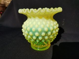 Fenton Art Glass Hobnail Topaz Vaseline Opalescent Spittoon Shape Crimped Vase