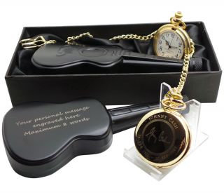 Johnny Cash Signed Gold Pocket Watch And Personalised Guitar Drinks Hip Flask