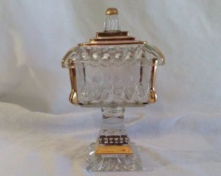 Vintage Jeanette Clear Glass Square Pedestal Candy Dish W/gold Trim & Lid Ribbed