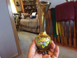 Vintage Murano Vase With 24kt Gold Paint Enamel Flowers 8”