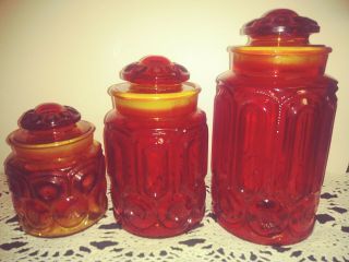 Set Of 3 Vintage L.  E.  Smith Red Moon And Stars Canister Set Amberina Mcm