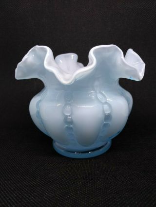 Fenton Blue Melon Vase Beaded Ribbed Overlay Crimped Ruffled