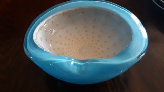 Vintage Murano Art Glass Bowl Ashtray Ocean Blue Color With Bubbles