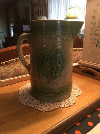 Antique 8 " Salt Glazed Yellow Ware Green Glazed Stoneware Pitcher Grape Motif