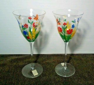 Royal Danube Hand Painted Flowers & Butterflies 9 " Crystal Wine Glass