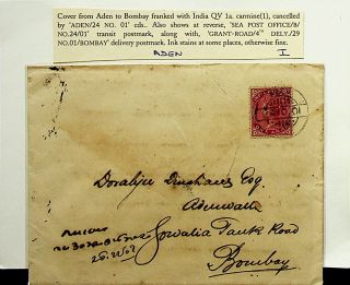 India 1901 Qv 1a In Aden On Cover To Bombay