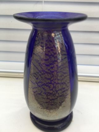 Exeter Glass Crystal Cobalt And Gold Leaf Heavy Vase 13cm Tall 6.  5cm Diameter
