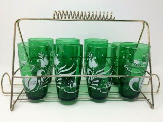 Vintage Anchor Hocking Forest Green With White Design Tumblers Drinking Glasses