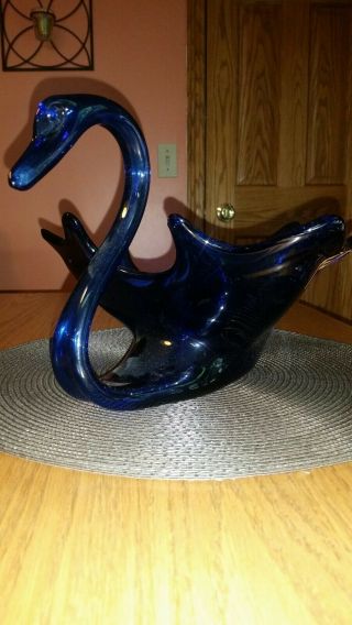 Lg 13 " Vtg Cobalt Blue Hand Blown Style Art Glass Swan Centerpiece Bowl